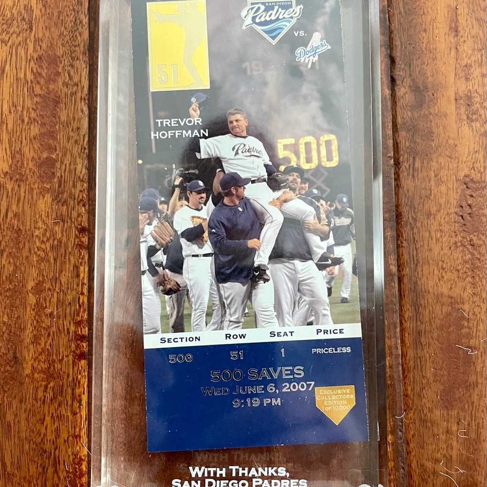 Trevor Hoffman #51 Commemorative Ticket in Lucite 500 Saves SD Padres